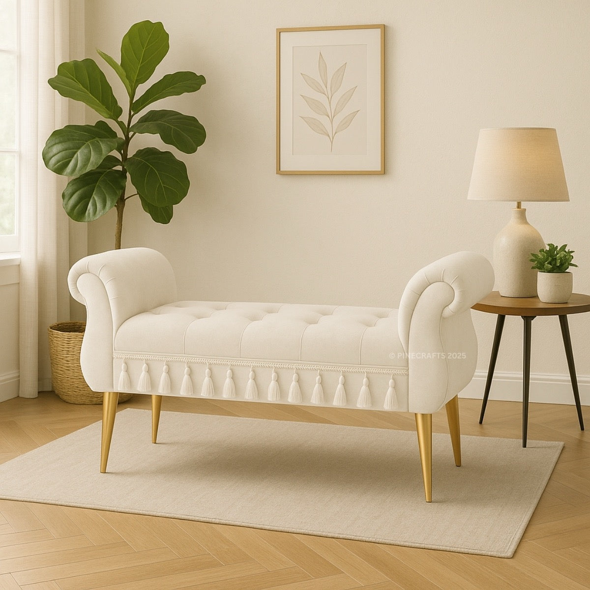 White upholstered bench with gold legs in a room with a plant, lamp, and framed artwork.